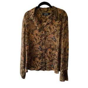 Y2K Kasper Paisley Button Up Shirt Brown and Tan Whimsigoth 16 Semi-Sheer
